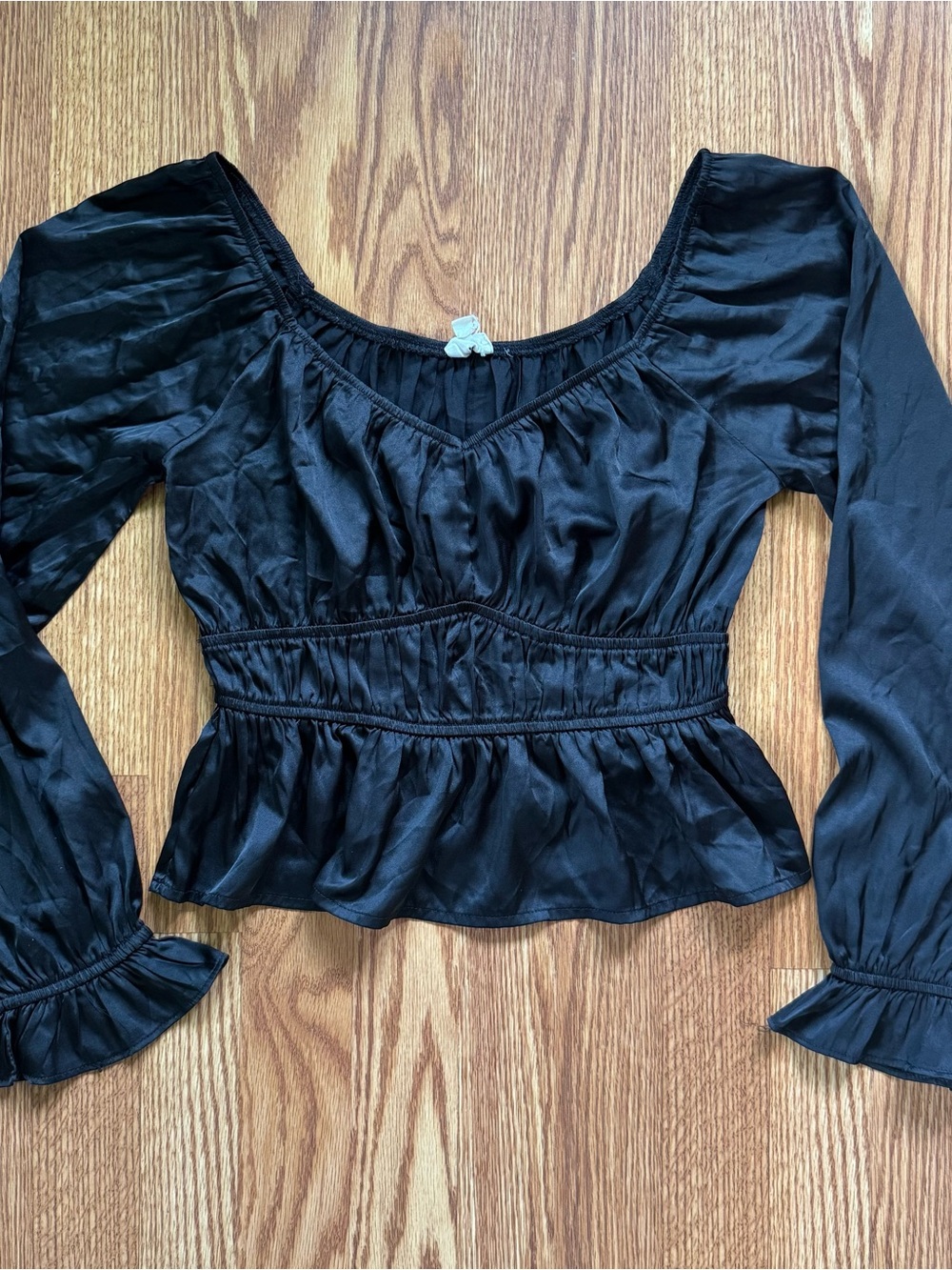 Hem & Thread Satin Long Sleeve Peplum Top